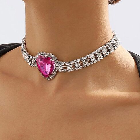 Aktully Rhinestone Heart Necklace for Women Crystal Heart Choker Necklace Silver Tennis Necklace Hot Pink Heart Necklace for Women Girls Birthday Party Prom Jewelry Accessories in Saudi Arabia