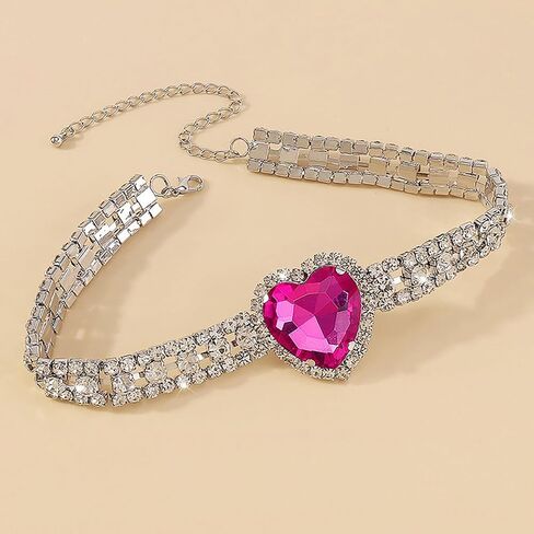 Aktully Rhinestone Heart Necklace for Women Crystal Heart Choker Necklace Silver Tennis Necklace Hot Pink Heart Necklace for Women Girls Birthday Party Prom Jewelry Accessories in Saudi Arabia