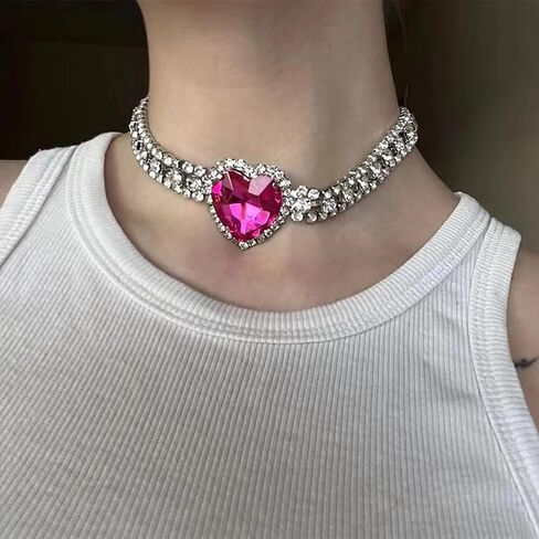 Aktully Rhinestone Heart Necklace for Women Crystal Heart Choker Necklace Silver Tennis Necklace Hot Pink Heart Necklace for Women Girls Birthday Party Prom Jewelry Accessories in Saudi Arabia