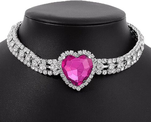 Aktully Rhinestone Heart Necklace for Women Crystal Heart Choker Necklace Silver Tennis Necklace Hot Pink Heart Necklace for Women Girls Birthday Party Prom Jewelry Accessories in Saudi Arabia