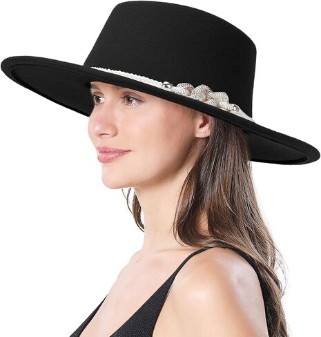 HADM Women Vintage Wide Brim Fedora Hat with Belt Buckle Classic Felt Jazz Hat… in Kuwait