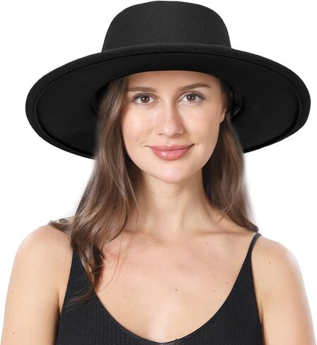 HADM Women Vintage Wide Brim Fedora Hat with Belt Buckle Classic Felt Jazz Hat… in Kuwait