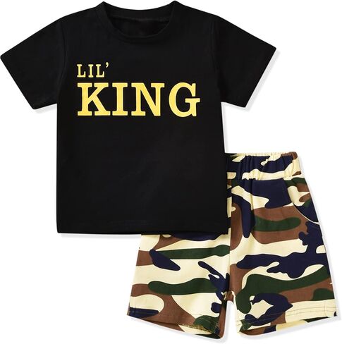 fioukiay Toddler Boy Summer Clothes Outfits Little Kids Short Sleeve Funny Letter Print T-Shirt Camo Shorts Clothing Set in Kuwait