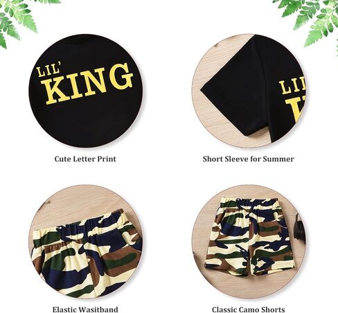 fioukiay Toddler Boy Summer Clothes Outfits Little Kids Short Sleeve Funny Letter Print T-Shirt Camo Shorts Clothing Set in Kuwait