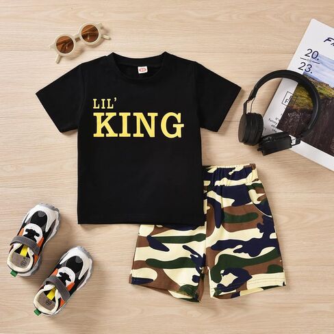 fioukiay Toddler Boy Summer Clothes Outfits Little Kids Short Sleeve Funny Letter Print T-Shirt Camo Shorts Clothing Set in Kuwait