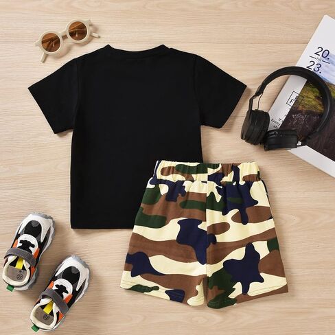 fioukiay Toddler Boy Summer Clothes Outfits Little Kids Short Sleeve Funny Letter Print T-Shirt Camo Shorts Clothing Set in Kuwait