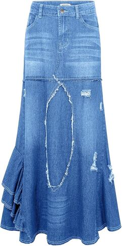 CHARTOU Women's Distressed Packaged Hip Irregular Ruffle Tiered Maxi Long Denim Skirt in Kuwait