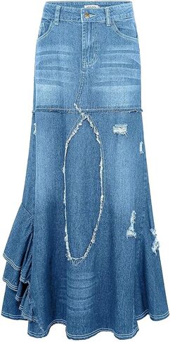 CHARTOU Women's Distressed Packaged Hip Irregular Ruffle Tiered Maxi Long Denim Skirt in Kuwait
