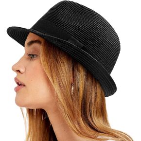 Lvaiz Womens Straw Hat Short Brim Panama Fedora Beach Sun Trilby Hat for Vacation Gentlemen Roll Up Summer Hat, black in Kuwait