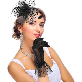 Yolev الفاسناتور قبعة قصيرة الدانتيل Bowknot قفازات ريشة الحجاب شبكة الشاي قبعة حفلات الأسود قفاز دانتيل 50s زي اكسسوارات للنساء in Kuwait