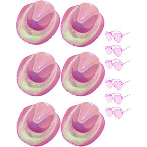 SHENYI 6 قطع قبعة راعية البقر الوردية مع 6 قطع نظارات شمسية على شكل قلب وردي، قبعة رعاة البقر الوردية اللامعة لحفلات الديسكو in Kuwait