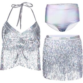 اوجو تنورة رقص شرقي بشراشيب مزينة بالترتر مع شورت وتنورة قصيرة بشراشيب وحمالة صدر وشورت معدني مزين بالترتر الفضي لحفلات الهالوين والحفلات الراقصة، ازياء الرقص الشرقي، فضي، مقاس واحد, فضي in Kuwait