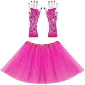 Women 2Pcs Dance Skirts Tulle 5 Layered 80's Tutu with 1 Pair Fishnet Gloves Princess Ballet Dance Dress Party Favor Costume