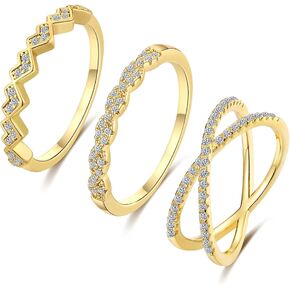 Honsny 3PCS Gold Rings for Women Girls, Silver Stackable Thumb Rings Non Tarnish Thin Cubic Zirconia Dainty Ring Set Eternity Wedding Bands Aesthetic Jewelry Size 5-11