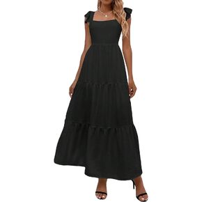 SOLY HUX Women's Summer Square Neck Sleeveless Shirred Ruffle Hem A Line Flowy Long Maxi Dress