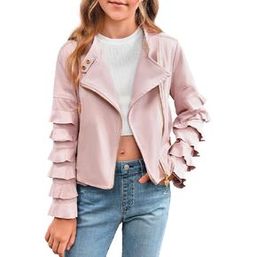 سترات rrhss للفتيات بأكمام متدرجة وسحاب قطري من الجلد الصناعي معاطف عصرية للأطفال مع جيوب من عمر 5 إلى 14 عامًا in Kuwait