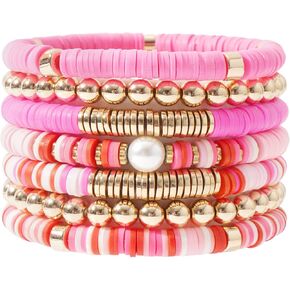 LYNMOS Colorful Heishi Clay Bead Bracelet Set for Women Stackable Vinyl Disc Polymer Beaded Stretch Bracelets Preppy Bohemian Summer Beach Bracelets Jewelry