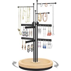 penobon Jewelry Holder Organizer with Wood Base, Adjustable Height Jewelry Display Holder Stand, Metal Rotating Earring Holder Organizer for Earrings, Necklaces, Bracelets and Rings (Black)