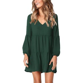 FOWSMON Women's Tunic Dress Cute Printed V Neck Long Sleeve Casual Swing Ruffle Dress in Saudi Arabia