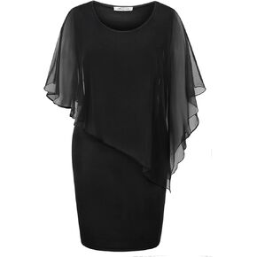 SeSe Code Women's Mesh Cape Overlay Bodycon Knee Length Pencil Dress for Wedding Guest