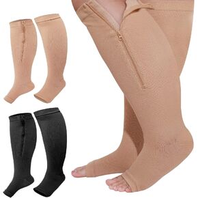 Hillban 2 Pair Plus Size Calf Zipper Compression Socks 15 to 25 Mmhg Open Toe Compression Stockings for Overweight Women Men