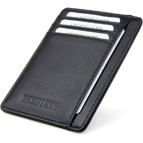 حامل بطاقات جلدي رفيع للغاية مع حماية من تحديد الهوية بموجات الراديو ونافذة عرض، محفظة بسيطة لبطاقات الائتمان والعملات النقدية من فرينتري®, أسود, مُبسط in Kuwait