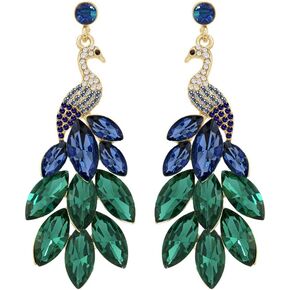 Vintage Peacock Dangle Earrings for Women Girls 14K Gold Plated Green Crystal Feather Peafowl Statement Drop Dangling Stud Earring Boho Exaggerated Birthday Holiday Jewelry Gifts