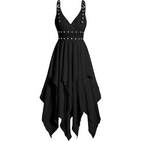 DRESSFO Women's 2023 Summer Casual Dress Sleeveless V Neck Gothic Dress Tiered A Line Flowy Wrap Dress