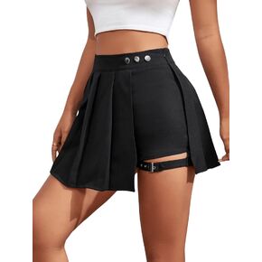 SweatyRocks Women's High Waisted Asymmetrical Hem Buckled Detail Pleated A Line Mini Skirt