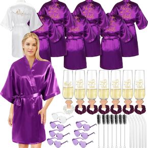 42 Pcs Bridesmaids Proposal Gift Bridal Robes Sets Including Heart Sunglasses Champagne Flutes Scrunches for Wedding