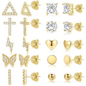 10 Pairs Gold Cross Stud Earrings Set for Women Girls, 14K Gold Plated Hypoallergenic Cubic Zirconia Triangle/Heart/Bar Studs Earrings for Gifts in Kuwait