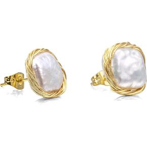 Cowlyn Pearl Stud Earrings Real Baroque Cultured 18K Gold Wrapped Silk Handmade Hypoallergenic Jewelry for Women 0.6" x0.6" in Kuwait