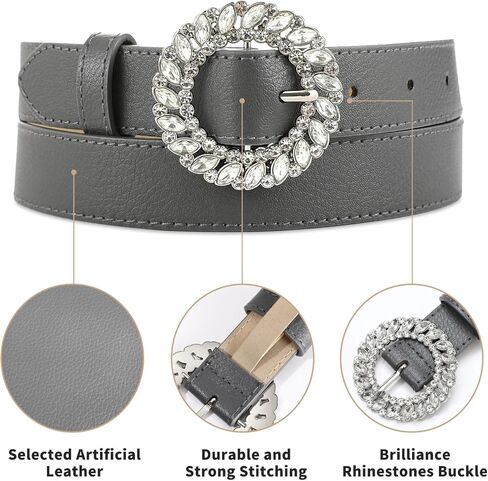أحزمة نسائية من RISANTRY للجينز، حزام جلد نسائي مع حزام بإبزيم من حجر الراين، أحزمة كاجوال للسيدات باللون الرمادي الداكن لفساتين السراويل in Kuwait