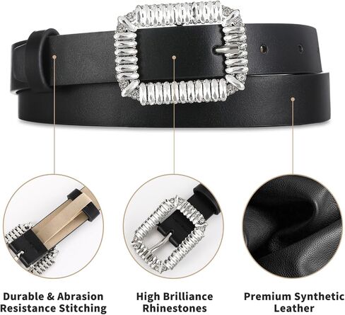 أحزمة نسائية كاجوال سوداء من RISANTRY للجينز، حزام جلد ناعم مع حزام بإبزيم من حجر الراين لفساتين البنطلونات in Kuwait