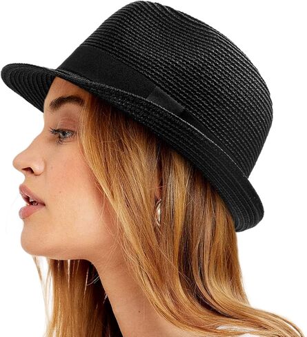 Lvaiz Womens Straw Hat Short Brim Panama Fedora Beach Sun Trilby Hat for Vacation Gentlemen Roll Up Summer Hat, black in Kuwait