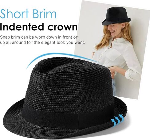 Lvaiz Womens Straw Hat Short Brim Panama Fedora Beach Sun Trilby Hat for Vacation Gentlemen Roll Up Summer Hat, black in Kuwait