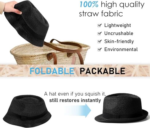 Lvaiz Womens Straw Hat Short Brim Panama Fedora Beach Sun Trilby Hat for Vacation Gentlemen Roll Up Summer Hat, black in Kuwait