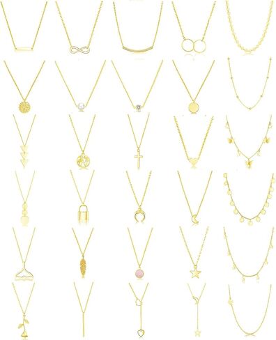 FUNEIA 30 قطعة قلادات ذهبية أنيقة بطبقات للنساء العصرية مطلية بالذهب عيار 14 قيراط صغيرة لطيفة مطرزة على شكل فراشة متقاطعة على شكل قلب وقلادة مجموعة للفتيات المراهقات والنساء مجموعة مجوهرات قلادة in Kuwait
