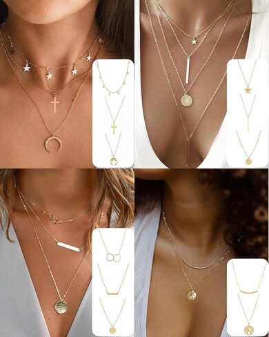 FUNEIA 30 قطعة قلادات ذهبية أنيقة بطبقات للنساء العصرية مطلية بالذهب عيار 14 قيراط صغيرة لطيفة مطرزة على شكل فراشة متقاطعة على شكل قلب وقلادة مجموعة للفتيات المراهقات والنساء مجموعة مجوهرات قلادة in Kuwait