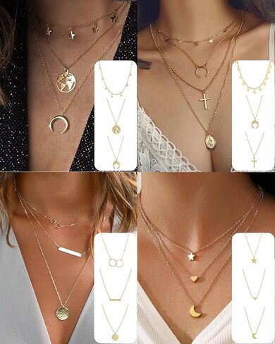 FUNEIA 30 قطعة قلادات ذهبية أنيقة بطبقات للنساء العصرية مطلية بالذهب عيار 14 قيراط صغيرة لطيفة مطرزة على شكل فراشة متقاطعة على شكل قلب وقلادة مجموعة للفتيات المراهقات والنساء مجموعة مجوهرات قلادة in Kuwait