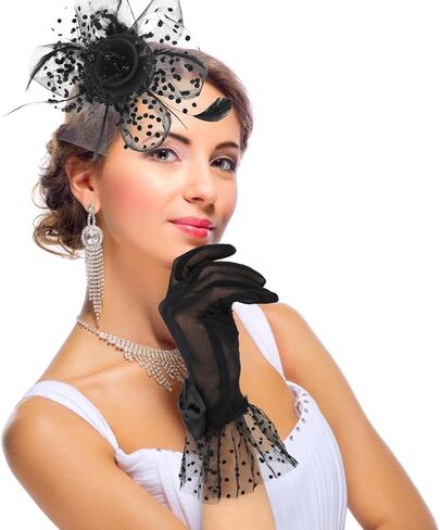 Yolev الفاسناتور قبعة قصيرة الدانتيل Bowknot قفازات ريشة الحجاب شبكة الشاي قبعة حفلات الأسود قفاز دانتيل 50s زي اكسسوارات للنساء in Kuwait