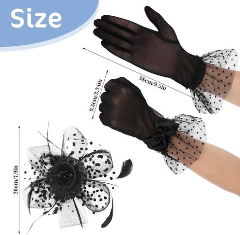 Yolev الفاسناتور قبعة قصيرة الدانتيل Bowknot قفازات ريشة الحجاب شبكة الشاي قبعة حفلات الأسود قفاز دانتيل 50s زي اكسسوارات للنساء in Kuwait