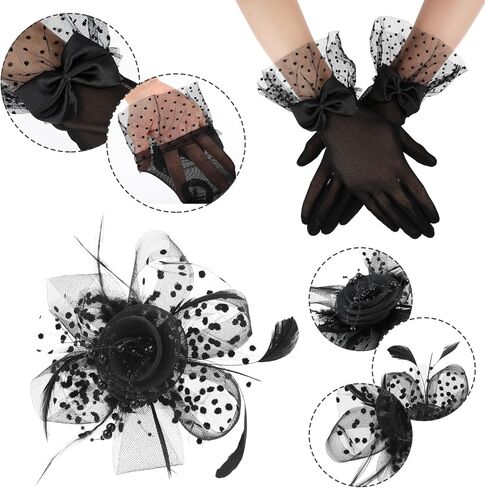 Yolev الفاسناتور قبعة قصيرة الدانتيل Bowknot قفازات ريشة الحجاب شبكة الشاي قبعة حفلات الأسود قفاز دانتيل 50s زي اكسسوارات للنساء in Kuwait