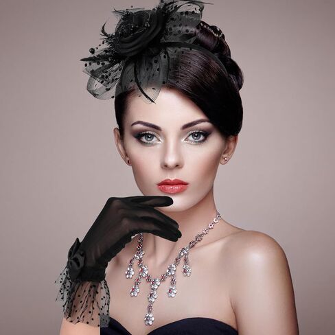 Yolev الفاسناتور قبعة قصيرة الدانتيل Bowknot قفازات ريشة الحجاب شبكة الشاي قبعة حفلات الأسود قفاز دانتيل 50s زي اكسسوارات للنساء in Kuwait