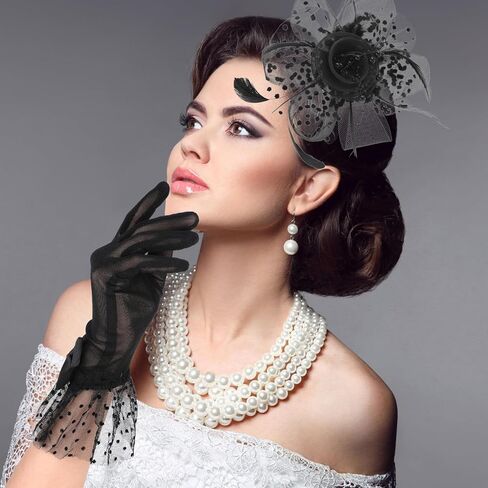 Yolev الفاسناتور قبعة قصيرة الدانتيل Bowknot قفازات ريشة الحجاب شبكة الشاي قبعة حفلات الأسود قفاز دانتيل 50s زي اكسسوارات للنساء in Kuwait