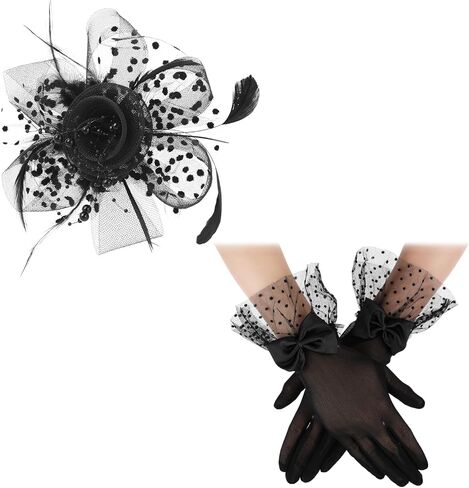 Yolev الفاسناتور قبعة قصيرة الدانتيل Bowknot قفازات ريشة الحجاب شبكة الشاي قبعة حفلات الأسود قفاز دانتيل 50s زي اكسسوارات للنساء in Kuwait