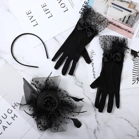 Yolev الفاسناتور قبعة قصيرة الدانتيل Bowknot قفازات ريشة الحجاب شبكة الشاي قبعة حفلات الأسود قفاز دانتيل 50s زي اكسسوارات للنساء in Kuwait