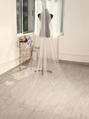 Ursumy Pearl Wedding Veils Flower Cathedral Bridal Veil 118’’ Veils for Brides 1 Tier Fingertip Length Drop Veil Hair Comb (Cathedral Length:300 * 150cm/118 * 59in, Ivory) in Kuwait