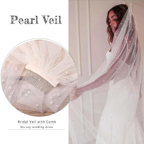 Ursumy Pearl Wedding Veils Flower Cathedral Bridal Veil 118’’ Veils for Brides 1 Tier Fingertip Length Drop Veil Hair Comb (Cathedral Length:300 * 150cm/118 * 59in, Ivory) in Kuwait