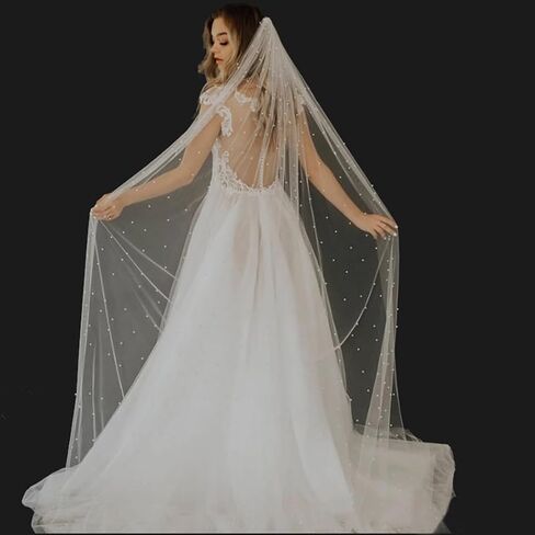 Ursumy Pearl Wedding Veils Flower Cathedral Bridal Veil 118’’ Veils for Brides 1 Tier Fingertip Length Drop Veil Hair Comb (Cathedral Length:300 * 150cm/118 * 59in, Ivory) in Kuwait